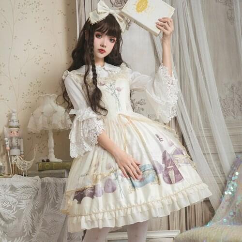 Vintage JSK Lolita Dress For Ladies Girls Floral Print Ruffle Old Times Dream Women Lace Sleeves Bowknot Golden Trim Sling Dress