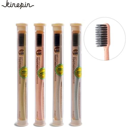 2PCS Creative Adult Soft Travel Toothbrush Portable Wheat Straw Tooth Cleaning Charcoal Bristle Brush with Storage Case