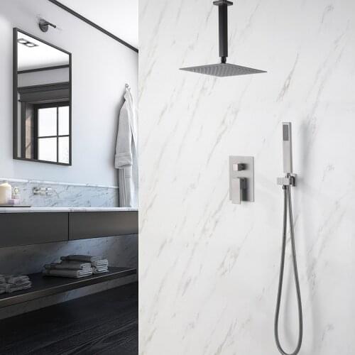 2 Way Concealed Valve Bathroom Shower Faucet Brass Bath Shower Mixers Tap with Handshower 8/10/12" Rainfall Shower Head Grey