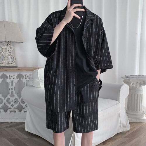 2021 Shirts+ Shorts Summer Mens Fashion Stripe Printing Sets Loose Tracksuit Short Sleeve Suit Cotton Clothes Big Size M-5XL