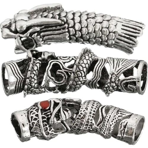 3Pcs/Lot Zinc Alloy Spacer Hair Braid Silver Dread Dreadlock Bead Dragon pattern Necklacee Jewelry Cuff Clip Micro Rings Tube