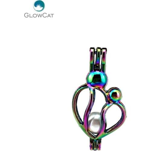 C586 5pcs/lot Rainbow Color Heart Mom Baby Bead Pearl Cage Locket Pendant Pearl Locket Fairytale Party