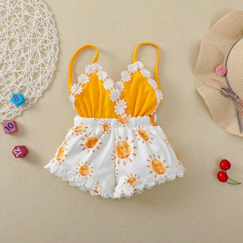 Newborn Baby Girl Sweet Style Bodysuit Sleeveless Sun Print V-neck Playsuit with Flower Decorative