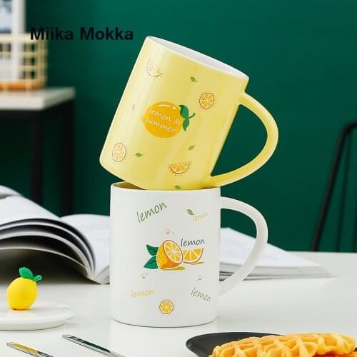 Kawaii Fruit Cup 401-500ml Cute Ins Ceramic Cup Student Korean Style Cartoon Mug with Lid Spoon Milk Water Coffe Tea Cup Home