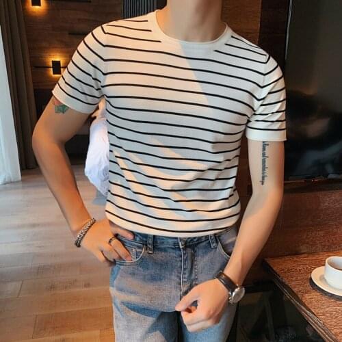 Mens striped short sleeve T-shirt, round neck street clothes, British style, Harajuku, summer, 2021