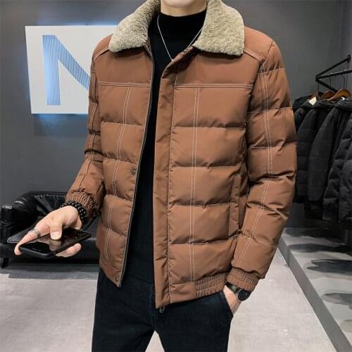 Mens autumn winter solid color short cotton jacket 2021 new mens fashion casual thickening Slim lapel lambs wool collar jacket