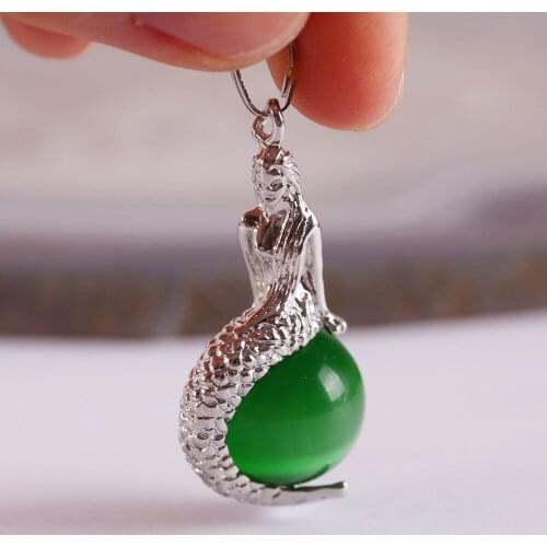 Natural Stone Mermaid Pendant Round Bead Green Cat Eye Necklace Pendant K1893