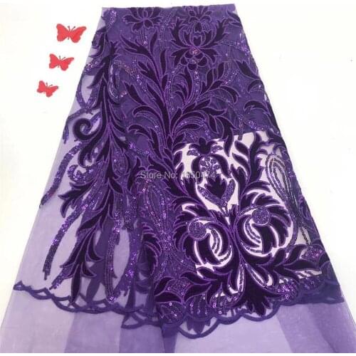New Purple French Sequins Lace Fabric High Quailty Nigerian Embroidered Velvet Tulle Lace African Lace Fabric For Wedding Party