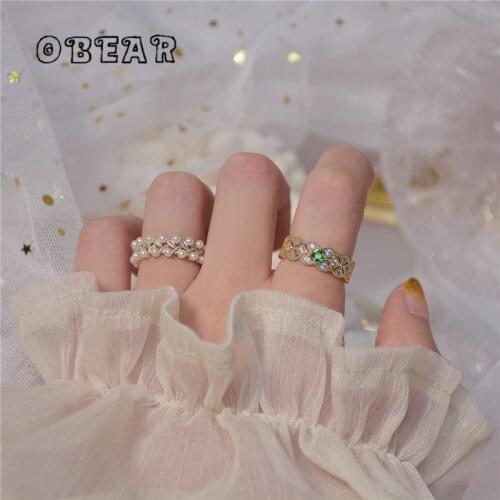 OBEAR 14k Real Gold Plating Nordic Exquisite Zircon Pearl Ring Women Classic Fashion Birthday Party Jewelry