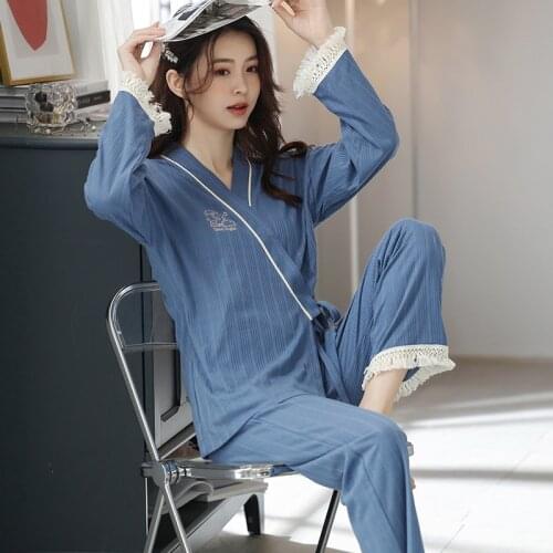 Autumn Japanese Kimono Pure Cotton Womens Nightgown Long Sleeve Lace V-neck Large Knit Cotton Home Loose Home Wear Pajama Set