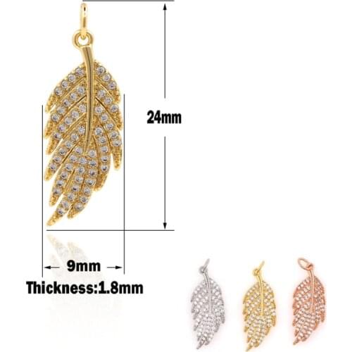 CZ Micropavé Feather Leaf Necklace,Gold Leaf Pendant,Leaf Charm, DIY Jewelry Components 24×9×1.8mm