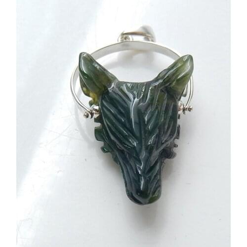 New Design Natural Stone Moss Agate carved Wolf Head figurine-Pendant 925 Sterling Silver finding 25x19x10mm 5.3g