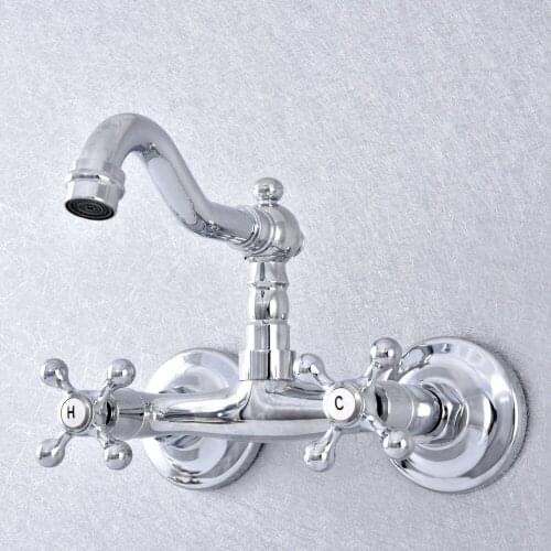Polished Chrome Bathroom Faucet Wall Mounted Basin Faucet 360 Degree Swivel Spout Double Handle Cold Hot Water Mixer Tap Lsf783