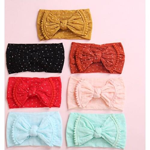 24pc/lot Square Dot Print Nylon Headbands Pom Pom Newborn Dot Polka Knotted Hair Bow Headband for Kids Girls Turban Headwraps