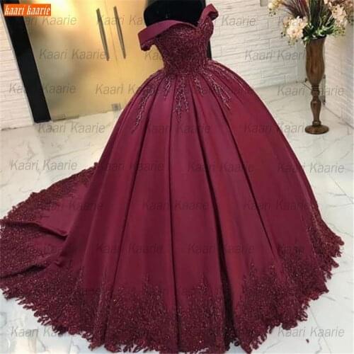 Off Shoulder Burgundy Wedding Gowns 2021 robe de mariée Satin Lace Appliques Beading vestido de noiva Custom Made Bridal Dresses