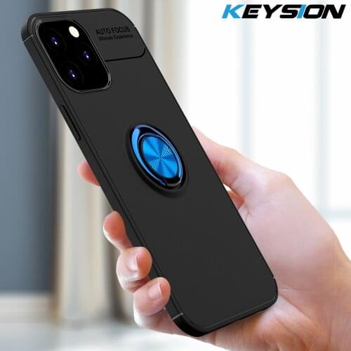KEYSION Shockproof Case For iPhone 12 Pro 12 Pro Max Soft Silicone Metal Ring Stand Phone back cover for Apple iPhone 12 12 Mini