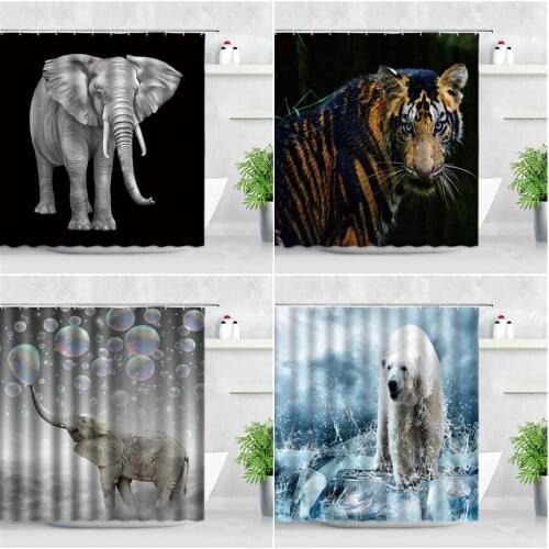 Wild Animals Waterproof Fabric Shower Curtains Elephant Tiger Bear Zebra Pattern Scenery 3D Print Modern Decor Bathroom Curtain
