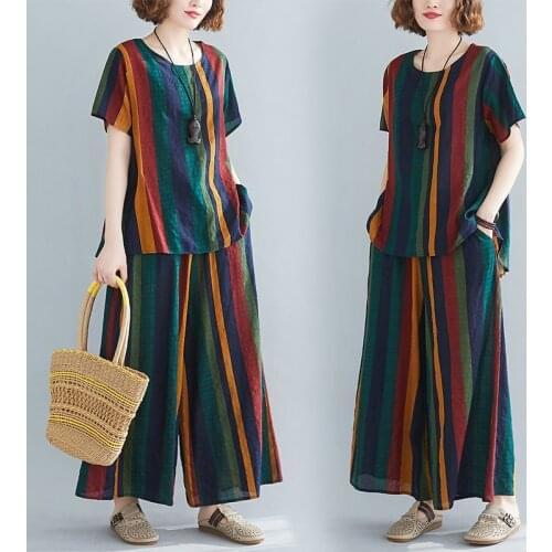 2021 summer new comfortable cotton linen loose plus size blouse casual eight-quarter pants wide-leg pants two-piece women trend