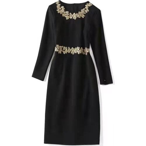 European and American womens wear new autumn 2022 Long sleeve sequined round collar fashion Black slim dress