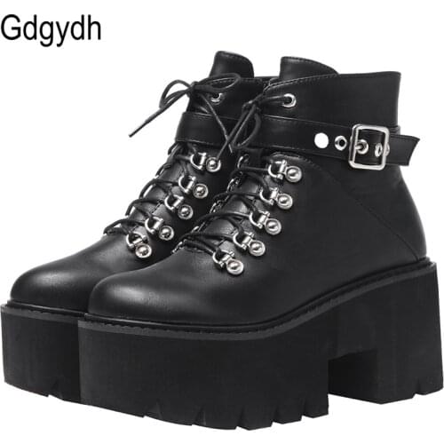 Gdgydh Autumn Winter Chunky Heel Platform Boots Lace-up Black Gothic Boots Women Plush Inside Comfortable Sexy Buckle Footwear