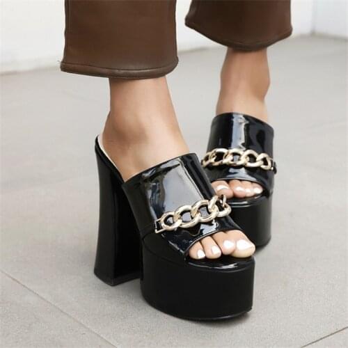 PXELENA Street Punk Style Metal Chain Gothic Slides Women Block Chunky High Heels Platform Modern Slippers Nightclub Shoes 35-46