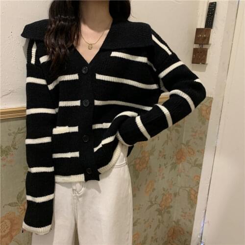 Woman Sweaters Pullover Spring And Autumn Sailor Collar Striped Knitted Loose Long Sleeve Jacket Femme Chandails