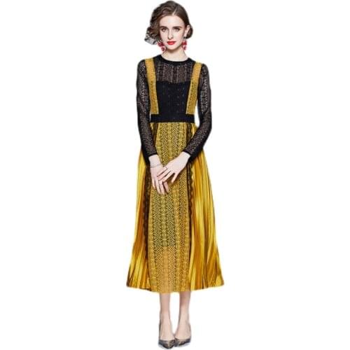 2021 New Spring Autumn Women Long Sleeve Dress High Quality Fashion Contrast Color Patchwork Pleated Hem Lace Long Dress