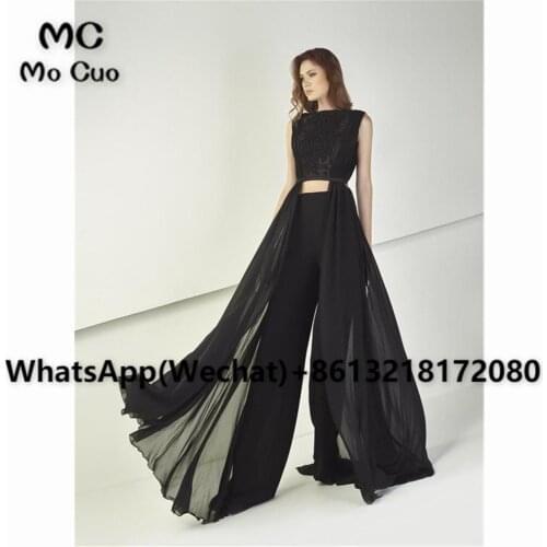 Jumpsuit Black 2021 Evening Dresses Long Lace Two Pieces Gown Sleeveless Womens Evening Dress Chiffon Prom Dress Custom Made