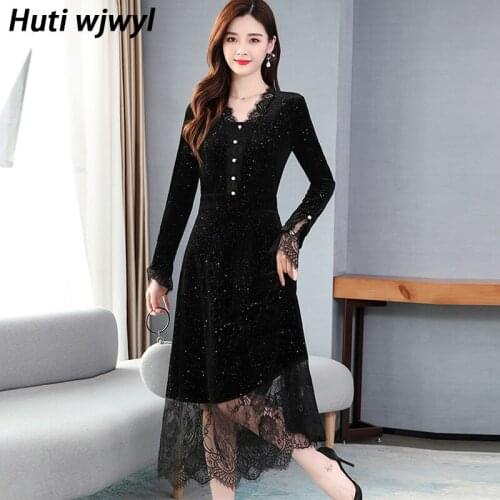2021 Vintage 3XL Plus Size Black Midi Dress Autumn Winter Fashion Sequin Dress Women Bodycon Party Sexy Lace V-neck Maxi Vestido