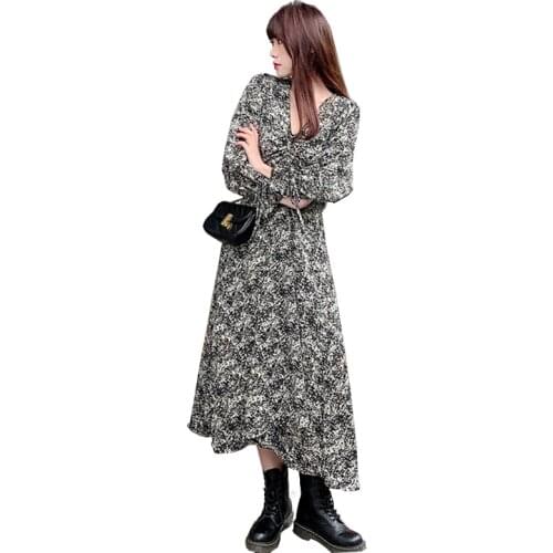Vintage Dresses for Women 2021 Spring Floral Print Bow Long Sleeve Black Party Elastic Waist Plus Size Woman Dress FC819
