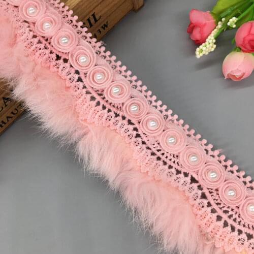 1 Yd Pink Faux Fur Pom Pom 3D Flower Leaf Lace Trim Ribbon Fabric Embroidered Applique Sewing Craft Wedding Dress Clothes