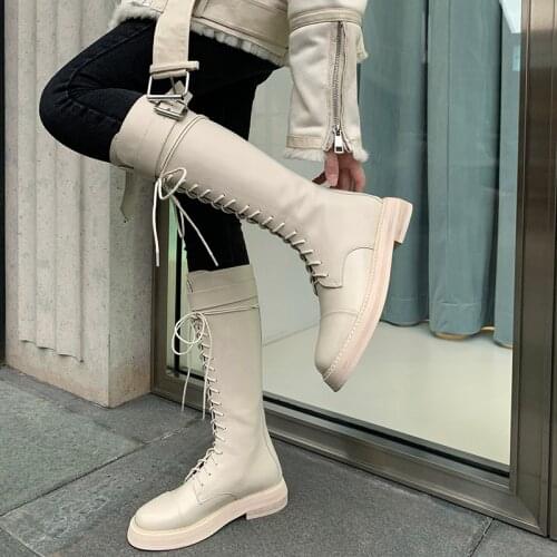 2021 Fashion Winter Women Boots Genuine Leather Round Toe Knee-high Boots Women Shoes platform boots Lace-up Long Boots
