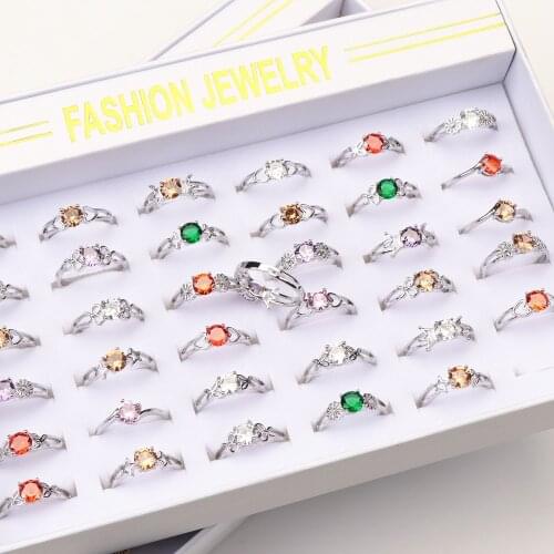 36pcs/Lots Copper Silver Golden Plated Zircon Open Adjustable Rings For Women Party Wedding Engagement WIth Box