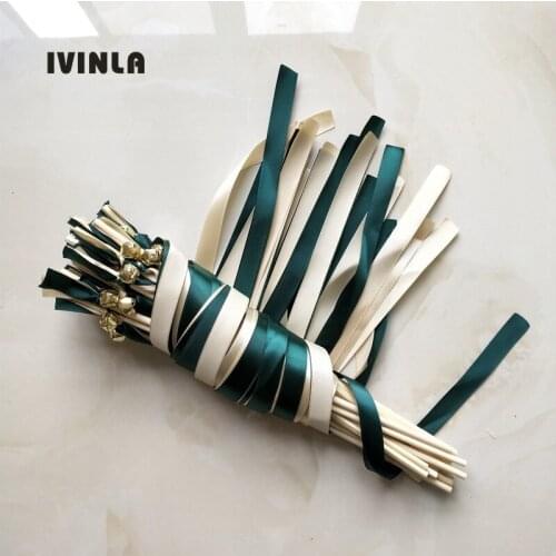 50pcs/lot Cream and green wedding Ribbon Wands with bell for wedding decoration