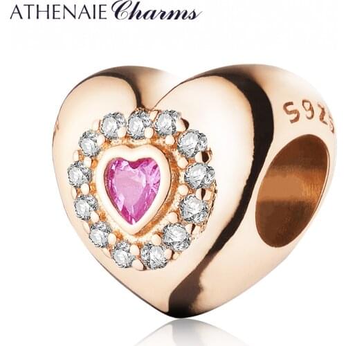 ATHENAIE 925 Silver with Pave Clear CZ Heart Shaped Charm Bead Fit All European Bracelets Color Rose Gold