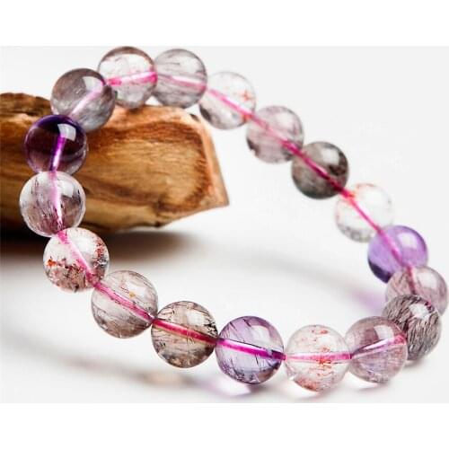 12mm Genuine Natural Purple Rutilated Quartz Super 7 Seven Melody Stone Crystal Round Bead Fashion Charm Stretch Bracelet Women