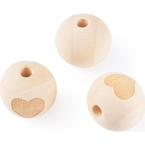 Pandahall 40pcs Round Spacer Natural Wood Beads with Heart Unfinished Wooden Loose Bead for Jewelry Making DIY Necklace Bracelet