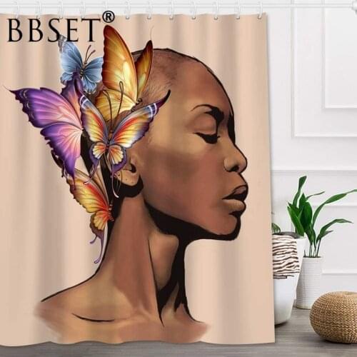 Black Girl Shower Curtain Watercolor Butterfly African Women Pattern Waterproof Multi-size Douchegordijn Bathroom Decor