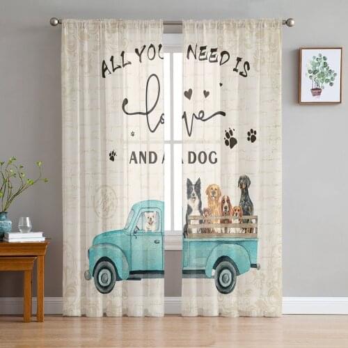Doberman Sunflower Truck Retro Letter Background Sheer Curtains for Living Room Modern Bedroom Voile Tulle Curtain Window Drapes