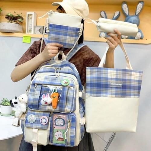 4 Piece Set of High Quality Plaid Pattern Women Backpack Multifunctional Waterproof Student Schoolbag Fashion Couple Backpack