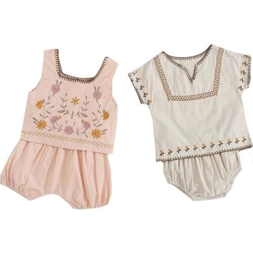 Newborn Clothes Suit Summer Girl Set Two-piece Cotton Suit Baby Girl Clothes National Embroidery Short-sleeved Suits