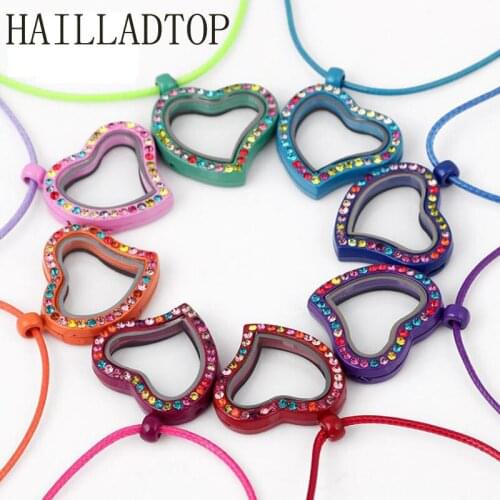 Colorful Rhinestone Floating Locket For Charms 8 Colors Cute Heart Charms Pendant Necklaces Magnetic Floating Locket With Chain