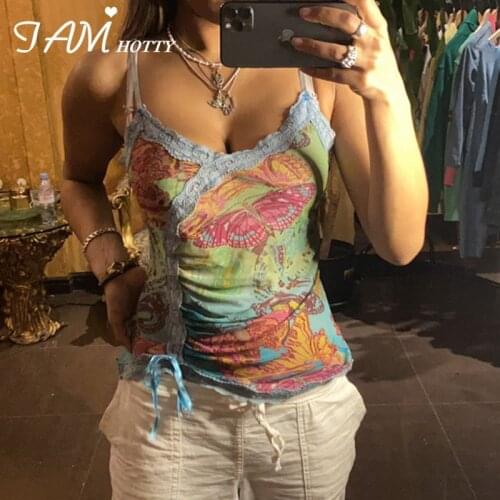 Y2k Lace Patchwork Floral Crop Top Women Printed Sleeveless T Shirt Vintage Sexy Corset Tops Summer Harajuku Camisole Iamhotty