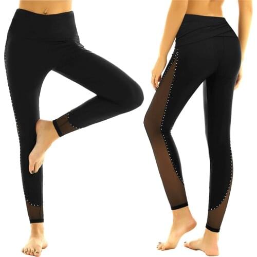 TiaoBug Women Shiny Rhinestones Mesh Splice High Waist Ballet Tights Leggings Workout Yoga Sports Pants Performance Dance Wear