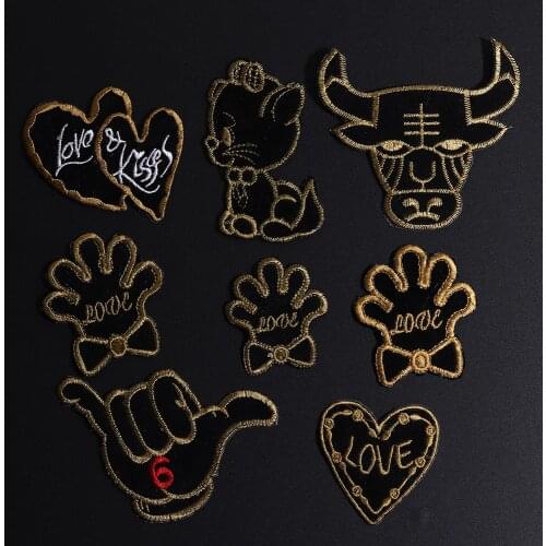 Iron On Gold Palm Finger Stickers Clothes Accessories Diy Bull head Bags Patch Handmade Jeans appliques Coats Backpack Badge