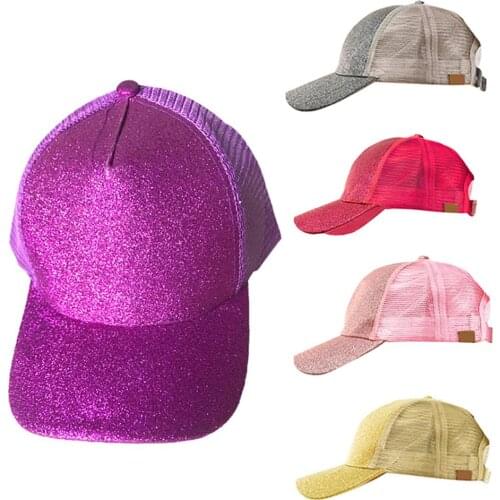 Fashion Women Anti Sun Glitter Mesh Adjustable Ponytail Hat Cotton Baseball Cap Solid Color Fashion Adjustable Caps