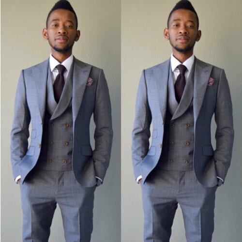 2020 Grey Double Breasted Men Suit Slim Fit 3 Piece Peak Lapel Tuxedo Custom Made Prom Polyester+Cotton Two Button Groom Suits