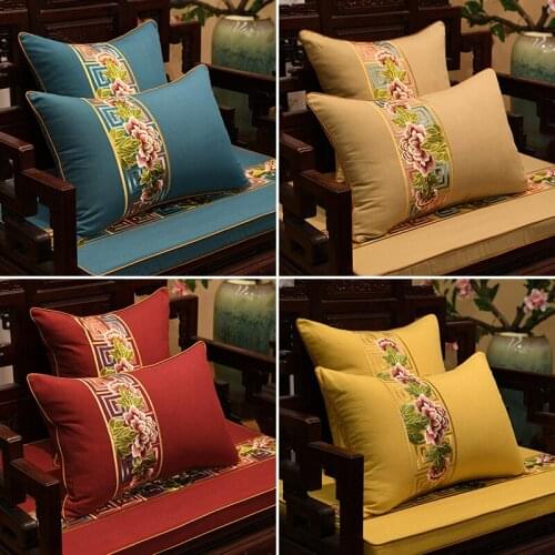 Classical Chinese Style Embroidery Flower Planat Cushion Cover Dark Blue Cotton Linen Pillowcase Decor for Sofa Waist Pillowcase