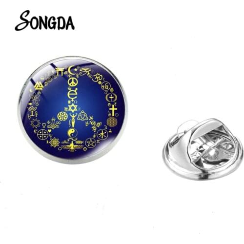 New Arrival Peace Symbol Collar Pin Brooch Round Hippie Peace Sign Lapel Pins Butterfly Stainless Steel Pins Glass Dome
