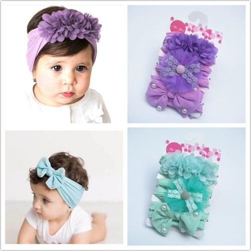 New 3pcs/lot Baby Girls Lace Flower Headband Solid Color Chiffon Bowknot Infant Kids Hairband Newborn Headwear Set Photo Props